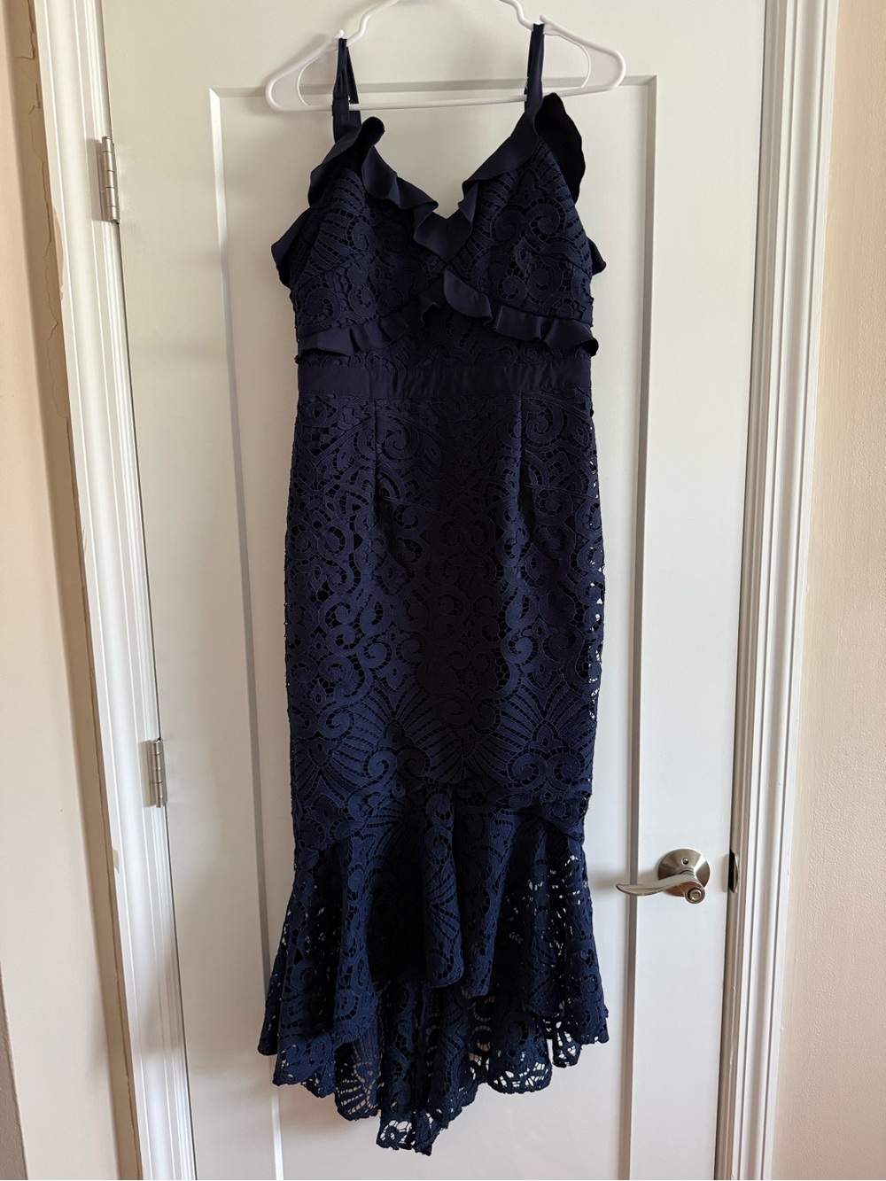 Navy Lace Midi Dress with Ruffle Straps - Women - Picture 2 of 4